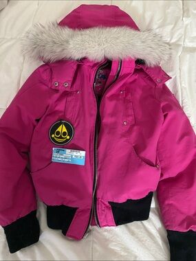 Moose Knuckles Hot Pink Hooded Bomber Jacket with Fur Trim